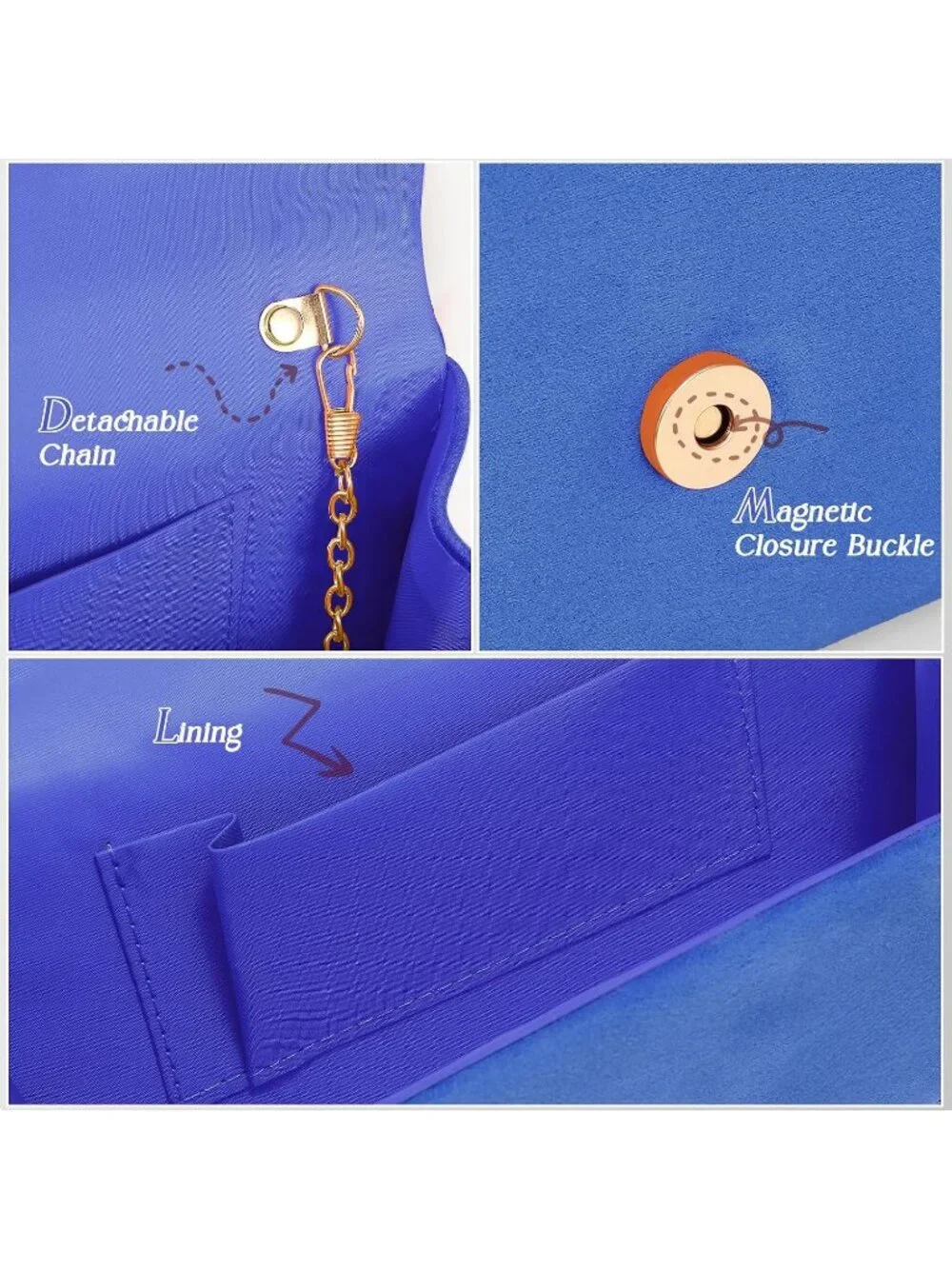 Women’s Blue Formal Clutch Purse Elegant Evening Bag Detachable Chain Strap